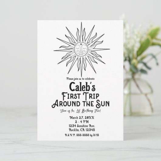 Zwart & Wit Eerste reis rond zon 1e verjaardag Kaart (Staand voorkant)