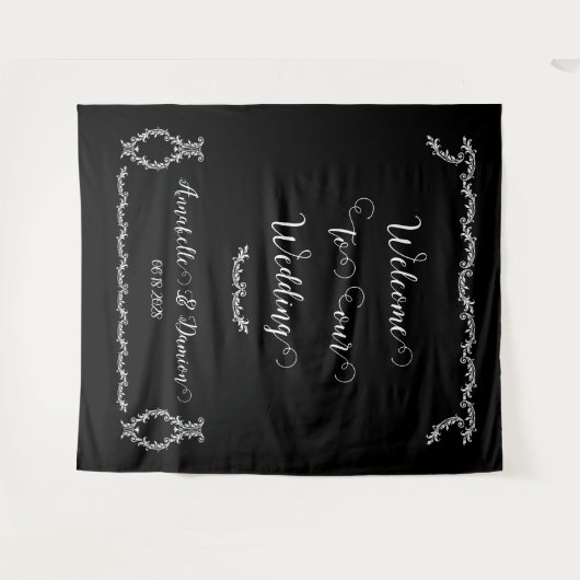 Zwart-wit elegant acanthus Welkom op bruiloft Wandkleed (Voorkant (horizontaal))