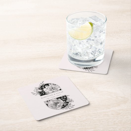 Zwart-wit Elegant Bloemen Bruiloft Vierkante Kartonnen Onderzetter (Insitu)