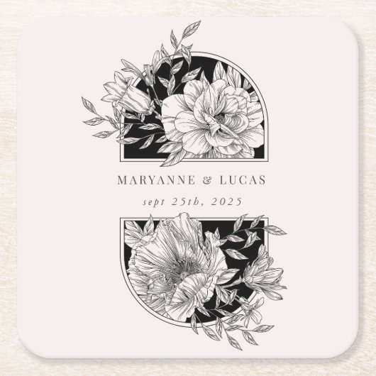 Zwart-wit Elegant Bloemen Bruiloft Vierkante Kartonnen Onderzetter (Voorkant)