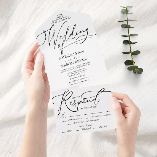 Zwart-wit Elegant Calligraphy Script Wedding All In One Uitnodiging