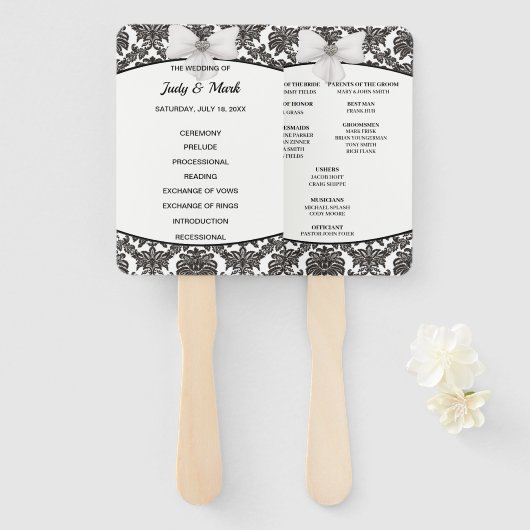 Zwart-wit Elegant Damask Trouwprogramma Handwaaier (Voorkant en achterkant)