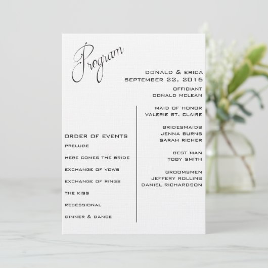 Zwart-wit Elegant huwelijksprogramma Programma (Staand voorkant)