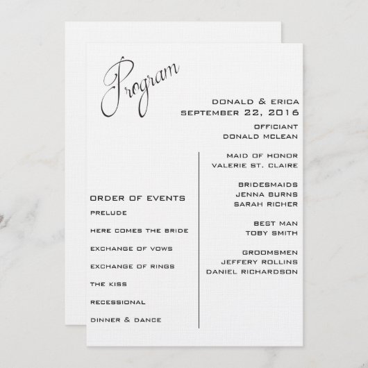 Zwart-wit Elegant huwelijksprogramma Programma (Voorkant / Achterkant)