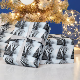 Zwart-wit elegant kerstboompatroon cadeaupapier