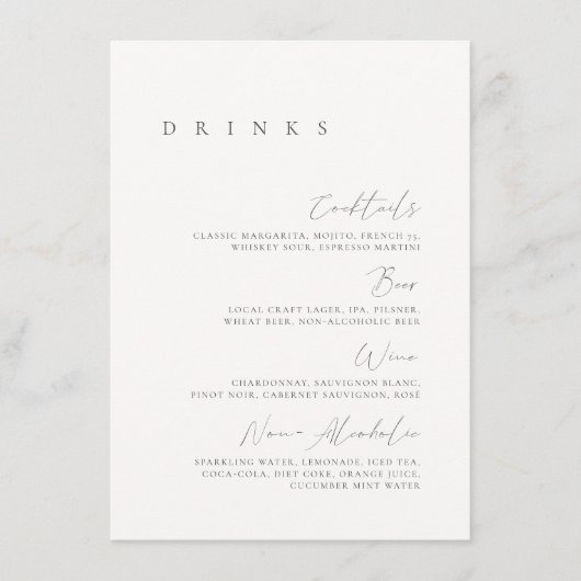 Zwart & Wit Elegant Minimaal Huwelijksdrankmenu Menu (Voorkant)