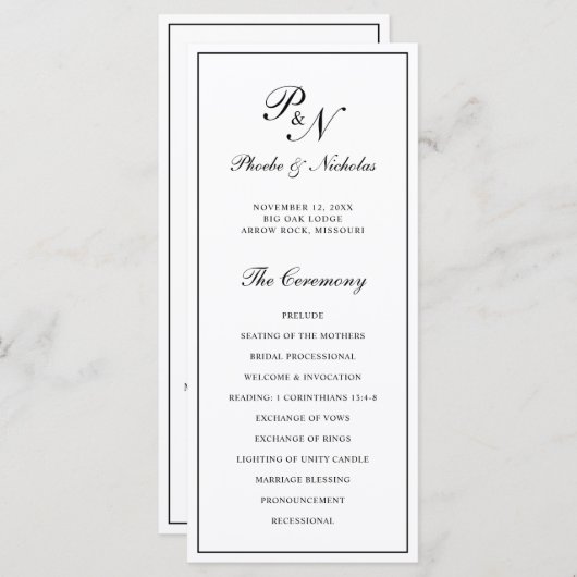 Zwart-wit Elegant Monogram Weddenschap Programma (Voorkant / Achterkant)