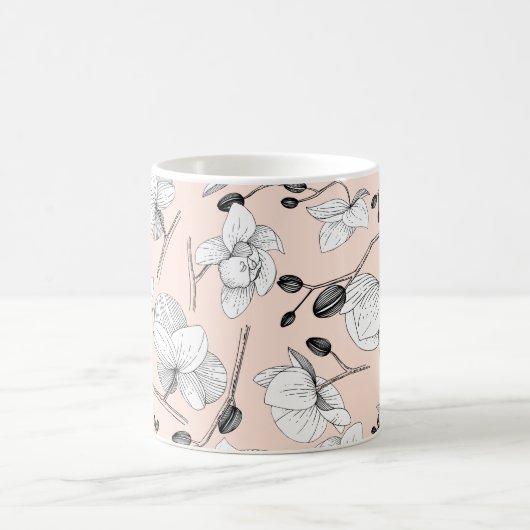 Zwart-wit elegant orchidee, modern roze koffiemok (Center)
