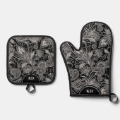 Zwart-wit Elegant Paisley Pattern Ovenwant & Pannenlap Set (Voorkant)