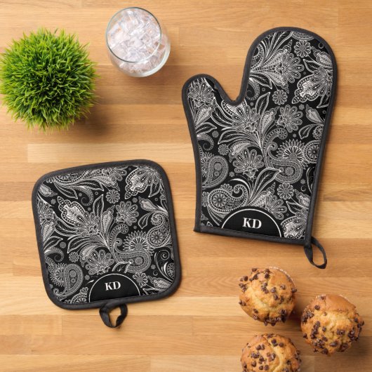 Zwart-wit Elegant Paisley Pattern Ovenwant & Pannenlap Set (Top down)