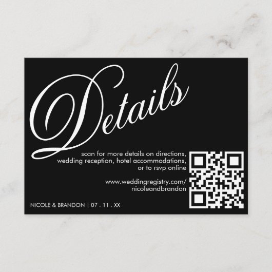 Zwart & Wit Elegant QR Code Bruiloft Detail Informatiekaartje (Voorkant)