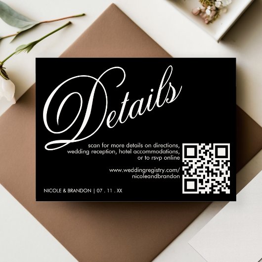 Zwart & Wit Elegant QR Code Bruiloft Detail Informatiekaartje