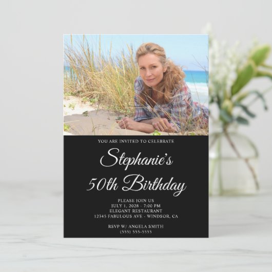 Zwart-wit Elegant Script 50e verjaardag Kaart (Staand voorkant)