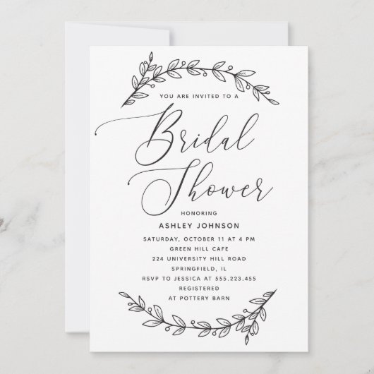 Zwart wit elegant script floraal vrijgezellenfeest kaart (Voorkant)