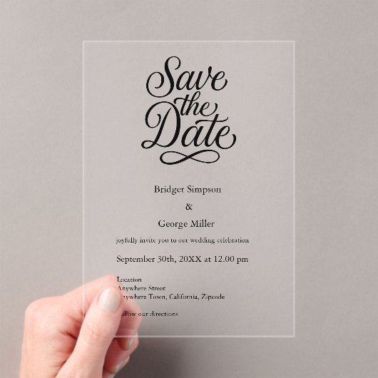zwart wit Elegant Script Huwelijk veilig de datum Acryl Uitnodigingen (Insitu (Draagbaar))