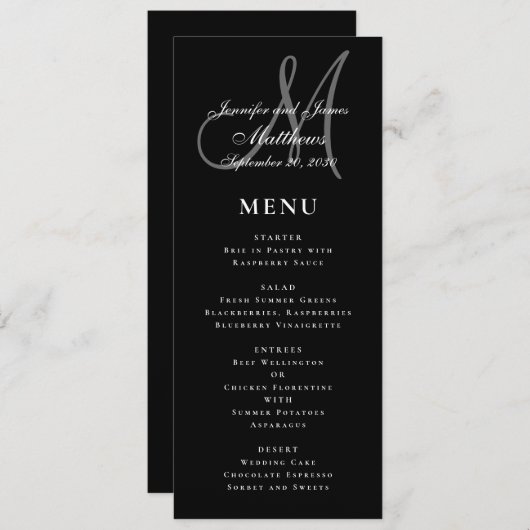 Zwart Wit Elegant Script Monogram Bruiloft Menu (Voorkant / Achterkant)