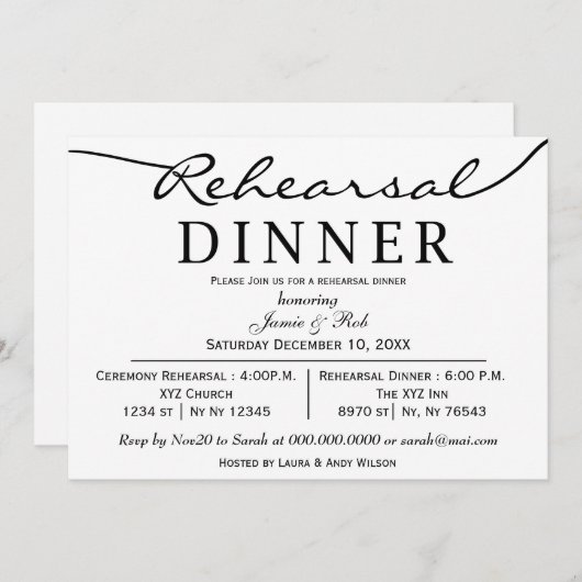 zwart-wit Elegant Script Rehearsal Dinner nodigt u Kaart (Voorkant / Achterkant)