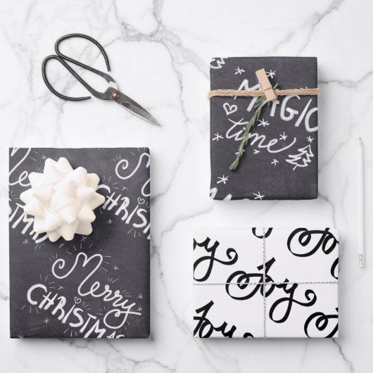 Zwart-wit elegant script vrolijk kerstfeest inpakpapier vel (Voorkant)