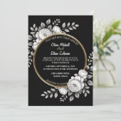 Zwart & Wit Elegante Bloem Uitnodiging (Staand voorkant)