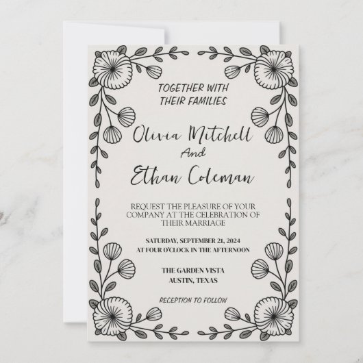 Zwart & Wit Elegante Bloem Uitnodiging (Voorkant)