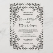 Zwart & Wit Elegante Bloem Uitnodiging (Voorkant / Achterkant)