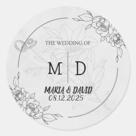 Zwart & Wit Elegante Bloemen Minimalistische Huwel Ronde Sticker