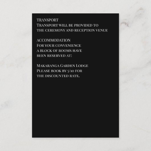 Zwart-wit elegante boho bruiloft details informatiekaartje (Achterkant)