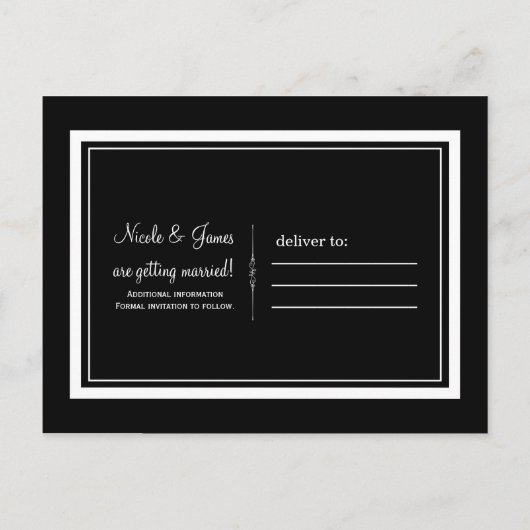 Zwart & Wit Elegante Chic Trouw Save the Date Aankondigingskaart (Achterkant)