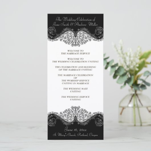 Zwart-wit elegante damast Trouwprogramma's Programma (Staand voorkant)