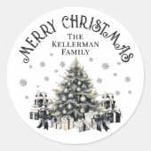 Zwart Wit Elegante Kerstboom Ronde Sticker (Voorkant)