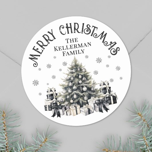 Zwart Wit Elegante Kerstboom Ronde Sticker