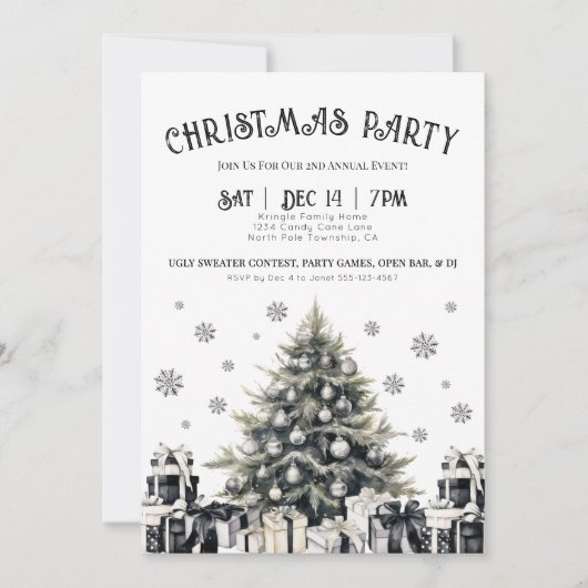 Zwart & Wit Elegante Kerstfeest Uitnodiging (Voorkant)