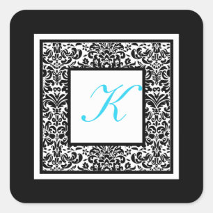Zwart, wit en blauw Damask Monogram Sticker