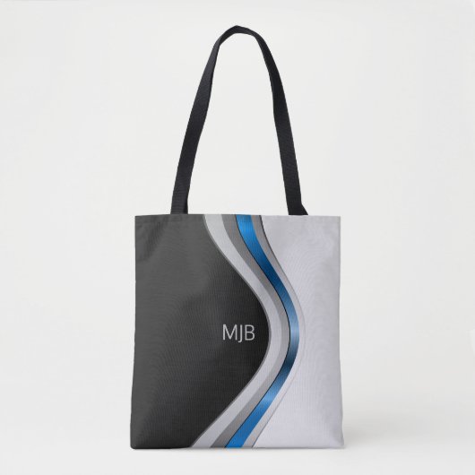Zwart Wit en Blauw Moderne Curven met Monogram Draagtas (Voorkant)