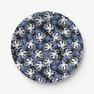 Zwart, Wit en Blauw Octopus Naadloos Patroon Papieren Bordje