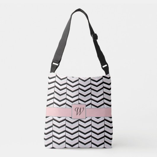 Zwart Wit en Blush Chevron All-Over-Print Bag Crossbody Tas (Voorkant)