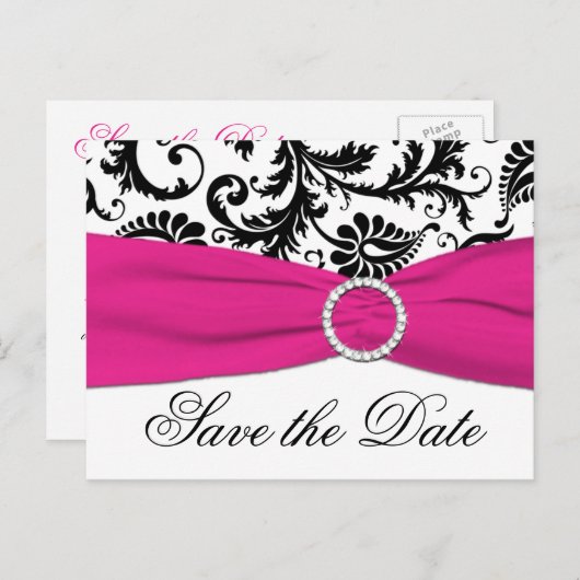 Zwart, Wit en Fuchsia Save the Date Briefkaart (Voorkant / Achterkant)