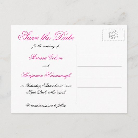 Zwart, Wit en Fuchsia Save the Date Briefkaart (Achterkant)