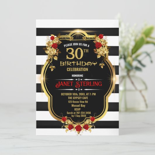 Zwart, Wit en Goud 30e Verjaardag Uitnodiging (Staand voorkant)