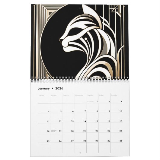Zwart Wit en Goud Art Deco Kat Kalender (Jan 2026)