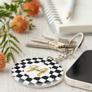Zwart Wit en Goud Elegante Naam &Monogram Sleutelhanger