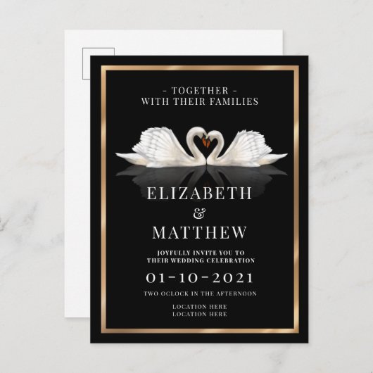 Zwart, wit en goud met zwanen bruiloft uitnodiging briefkaart (Voorkant / Achterkant)