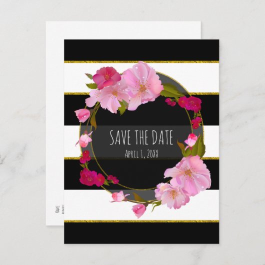 Zwart Wit en Goud Modern Bloemendesign Opslagkaart Aankondigingskaart (Voorkant / Achterkant)