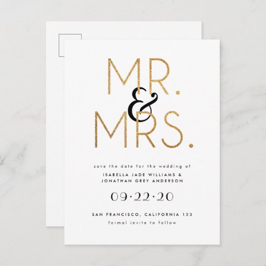 Zwart, wit en goud Mr & Mrs Save The Date Aankondigingskaart (Voorkant / Achterkant)