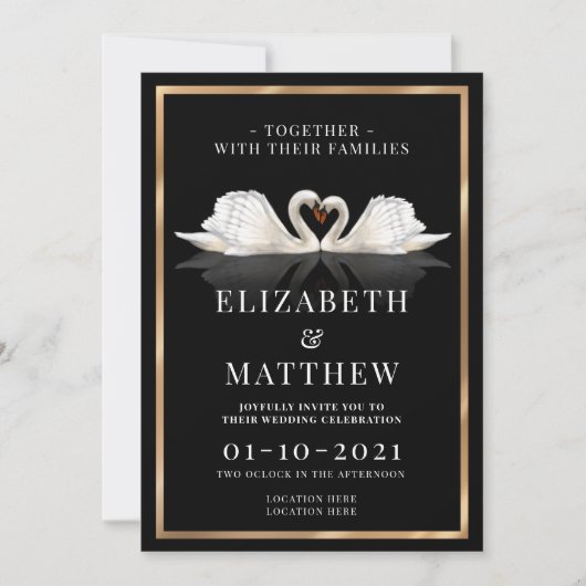 Zwart, wit en goud thema met zwanen bruiloft kaart (Voorkant)