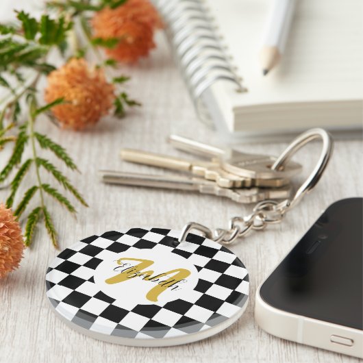 Zwart wit en goudlegant Naam &Monogram Sleutelhanger (Voorkant Rechts)