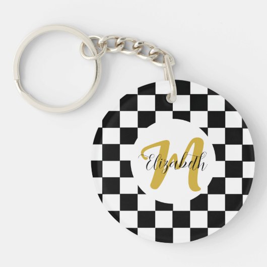 Zwart wit en goudlegant Naam &Monogram Sleutelhanger (Voorkant)