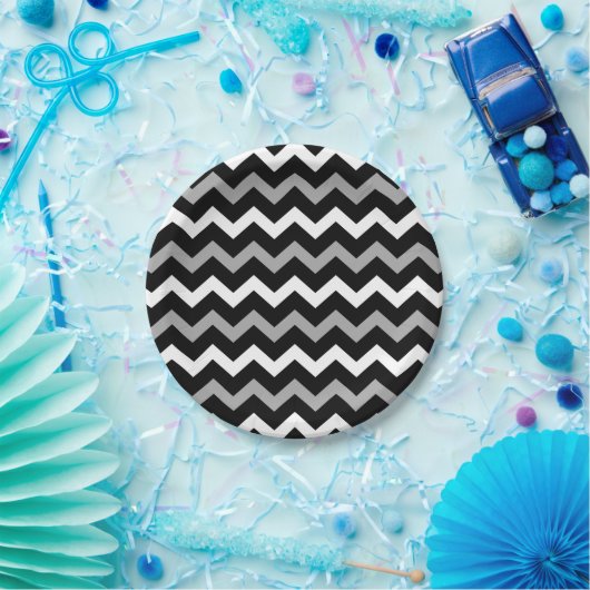 Zwart wit en grijs Chevron Print Patroon Papieren Bordje (Feest)