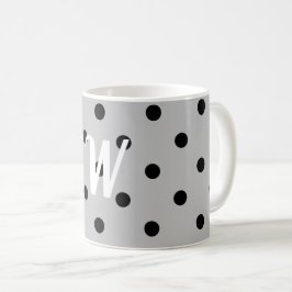 Zwart wit en grijs, polkadots, monogram koffiemok