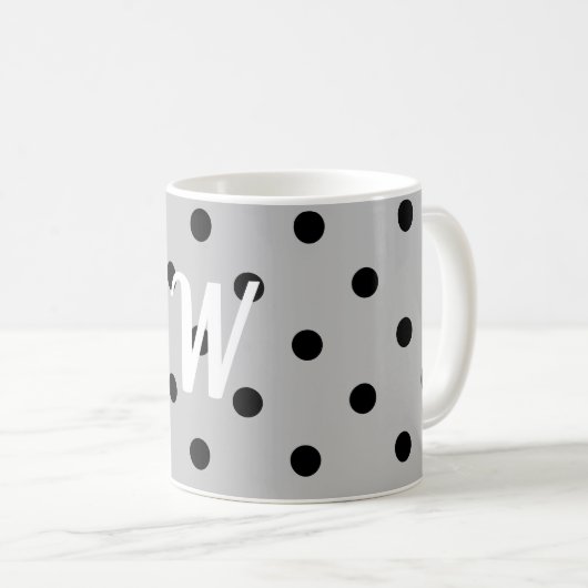Zwart wit en grijs, polkadots, monogram koffiemok (Voorkant rechts)